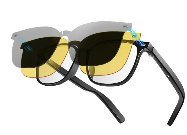 Smart AI Bluetooth Glasses With Magnetic Interchangeable Lenses- UV&Blue Light&Night Vision, Open Ear Speakers, Touch Control, 8H Battery
