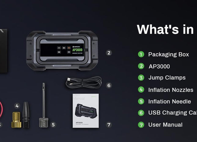 3000A Portable Car Emergency Starter Power Supply With Inflator Function 150PSI Digital Tire Inflator 12V Car Battery Charger With LED Lighting LCD Display